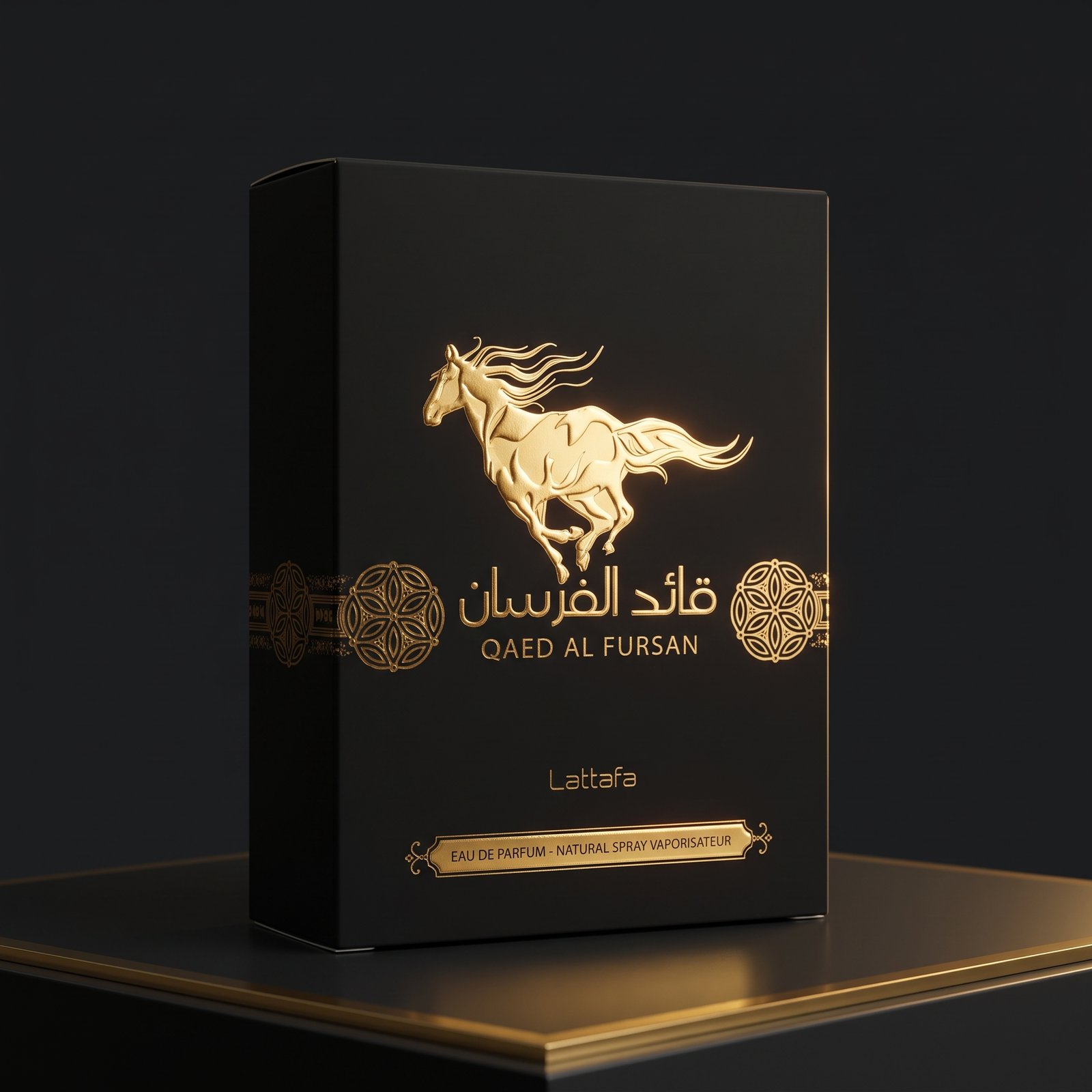 Lattafa Qaed Al Fursan EDP 90ml photographed in low light
